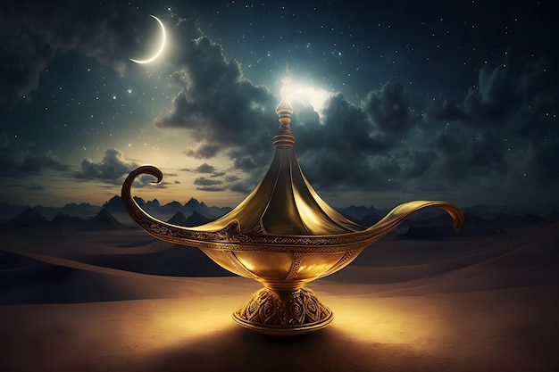 Lamp of Wishes In The Desert Genie komt uit de fles Neuraal netwerk AI gegenereerd