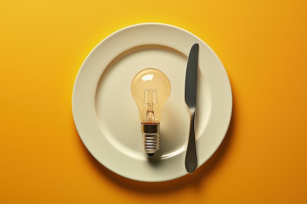 Lamp op bord concept van creativiteit en ideeën gele achtergrond digitale illustratie AI