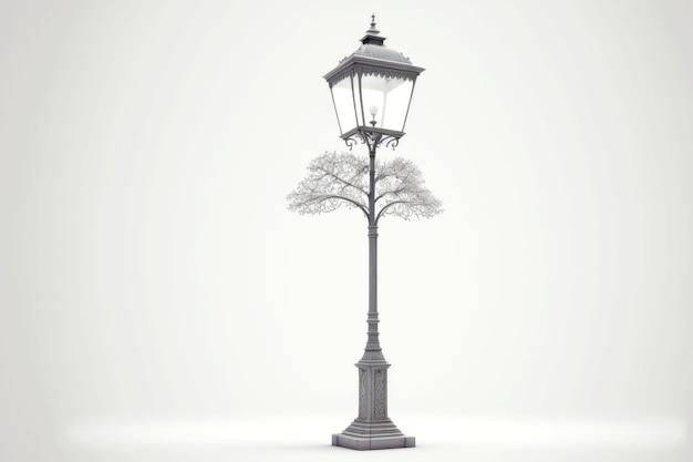 Lamp post on thin pole and isolated branches on white background