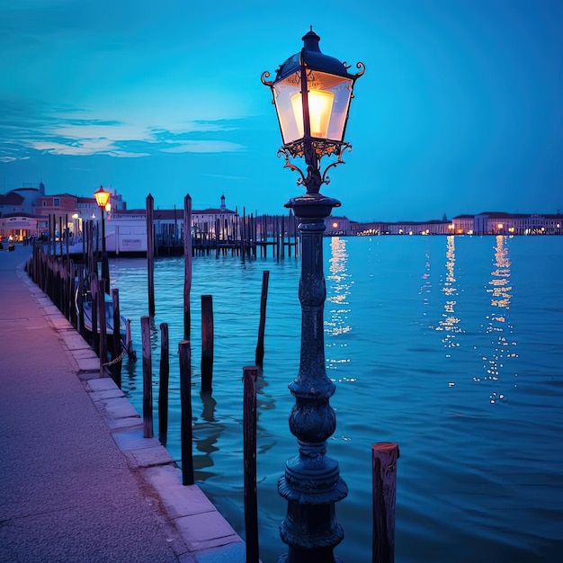 Lamp post on the water at dusk in venice in the style of light skyblue and dark cyan