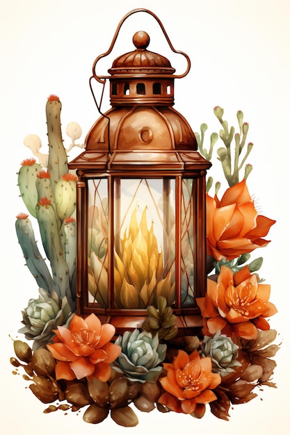 A lamp post with a cactus and flowers in the background.