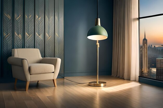 A lamp in a room with a blue wall and a lamp