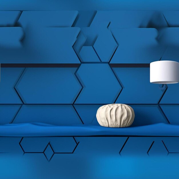 A lamp and a shelf with a blue background with a white lamp on it