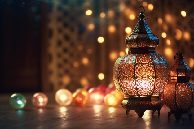 A lamp sits on a table in front of christmas lights.