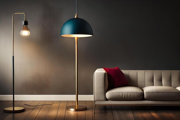 Photo a lamp and a sofa in a living room with a lamp on the floor and a lamp on the floor.