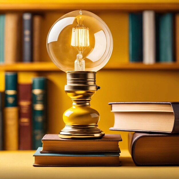 Photo lamp on a stack of books on a yellow background