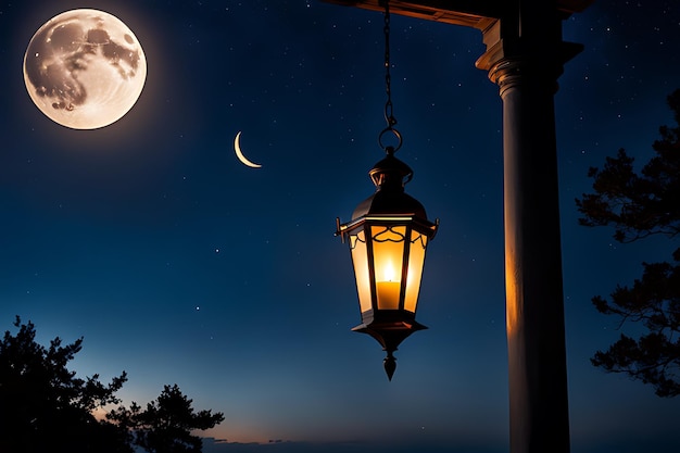 a lamp and a street lamp with the moon behind it