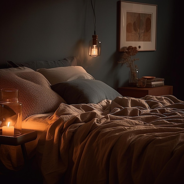 A lamp on a table next to a bed with a candle on it.