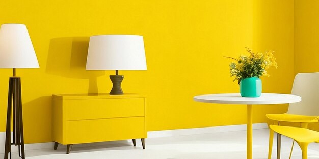 A lamp on a table is in a living room with a yellow wall