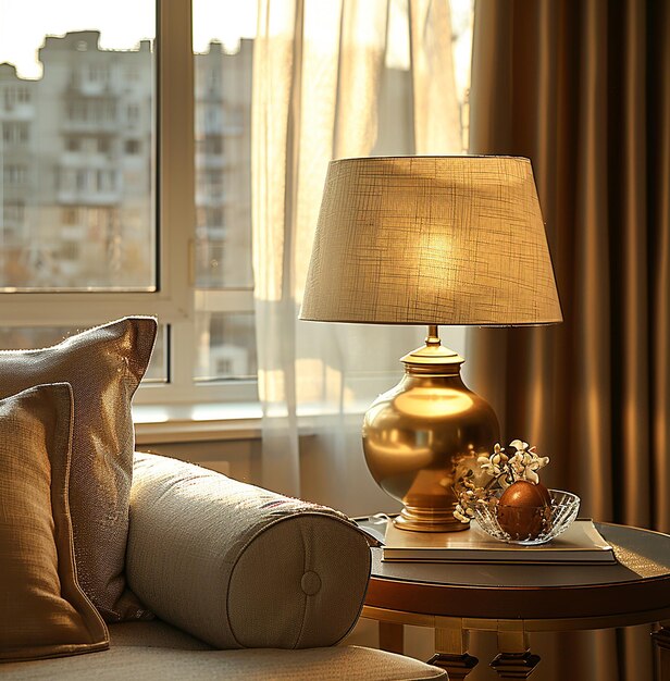 a lamp on a table next to a window with a gold lamp on it