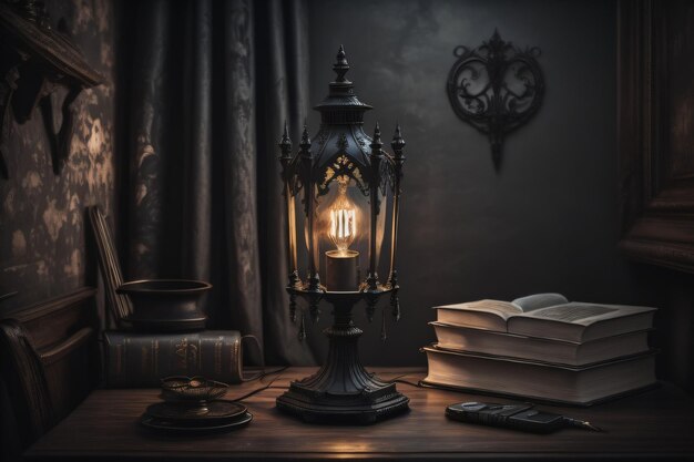 Photo a lamp on a table with a book on it