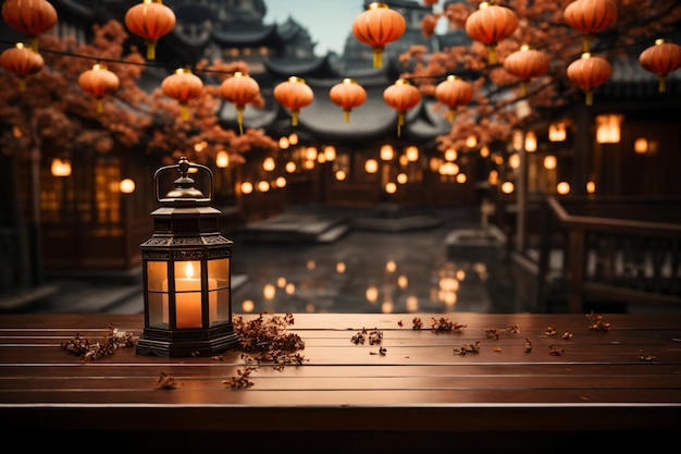 Photo lamp on table with china lanterns background ai generated image