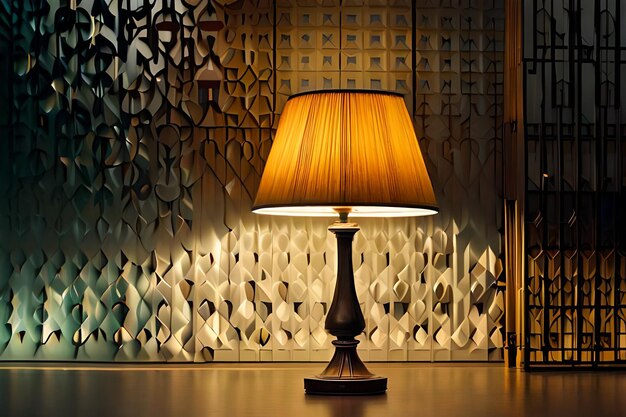 a lamp on a table with a decorative background.