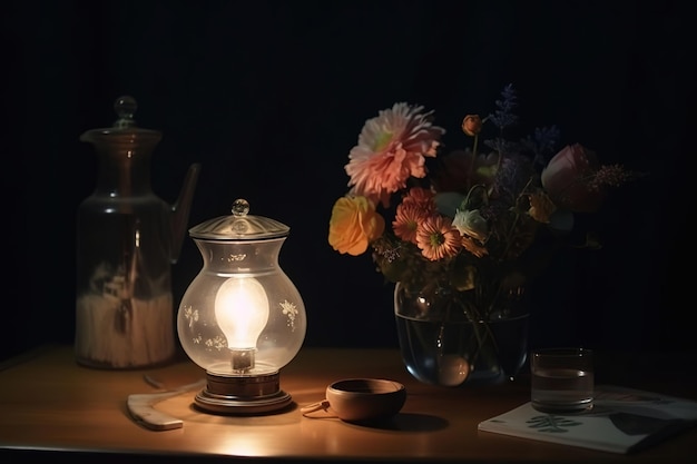 A lamp on a table with flowers in the background