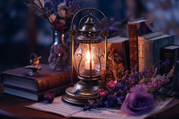 A lamp on a table with flowers on it