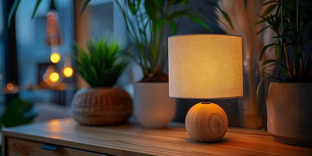 a lamp on a table with a potted plant on it Modern interior with bedside lamp in hotel