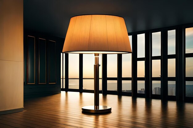 Photo a lamp on a table with a view of the ocean and the city in the background.