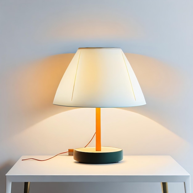 A lamp on a table with a white lamp shade