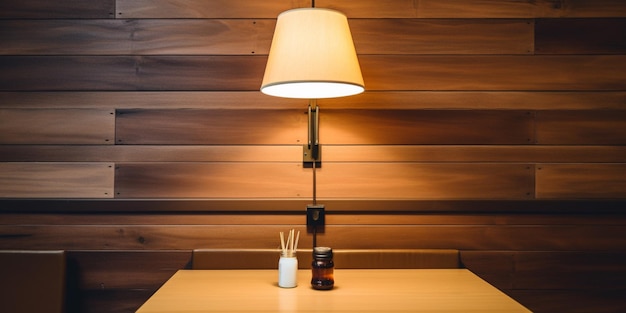 A lamp on a table with a white shade and a candle holder.