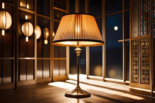 Foto una lampada su un tavolo con una finestra sullo sfondo