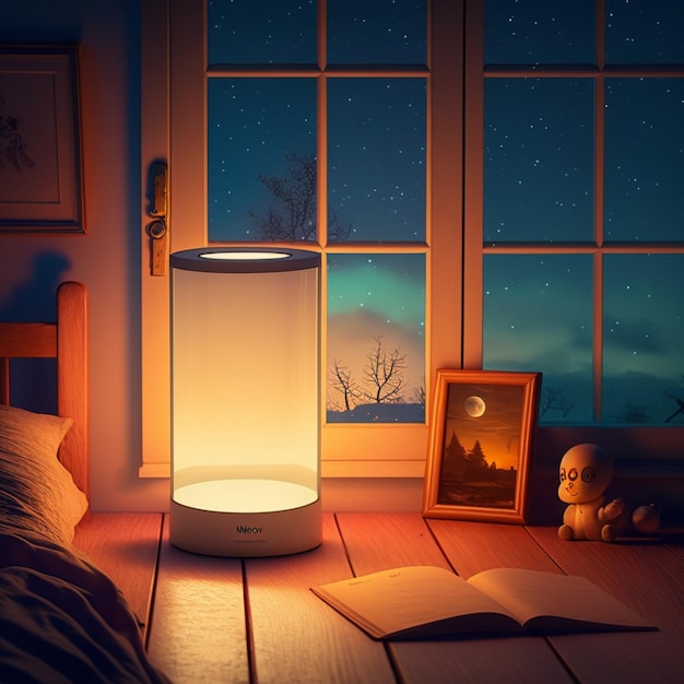 A lamp that is on a table with a book and a picture of a moon.