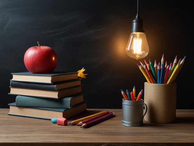 a lamp that is on a table with pencils and a lamp