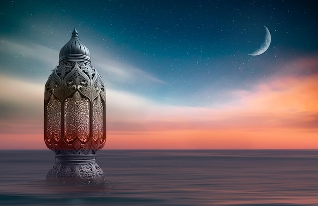 A lamp in the water with the moon in the backgroundRamadan Mubarak beautiful greeting card