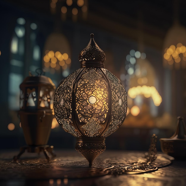 A lamp with arabic writing on it in a dark room.