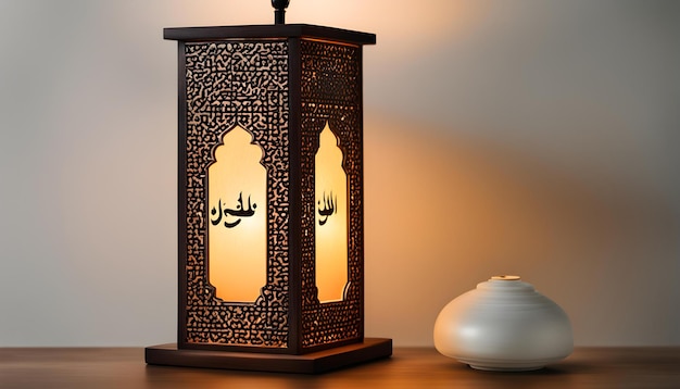 a lamp with arabic writing on it sits on a table