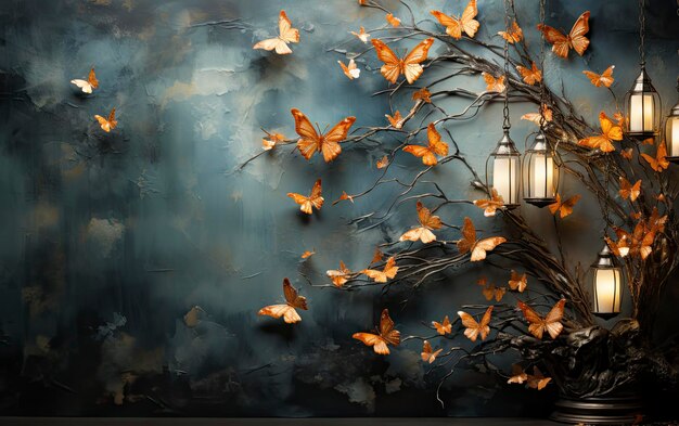 벽에 나비가 있는 램프