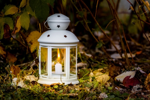 Lampada con una candela nel giardino d'autunno la sera