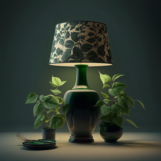 A lamp with a floral print on it is on a table.