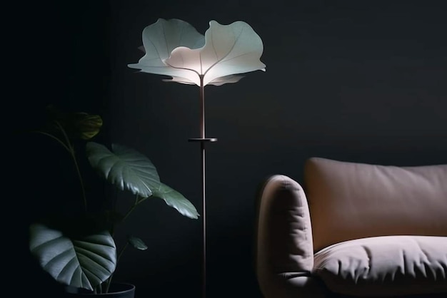 A lamp with a flower on it that is lit up in the dark.