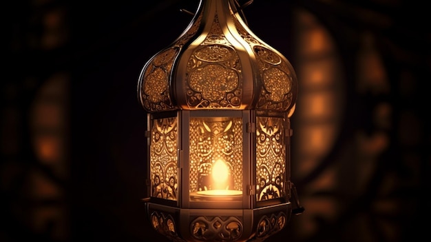 A lamp with a gold design and a candle on it Ramadan Mubarak and eid Mubarak concept