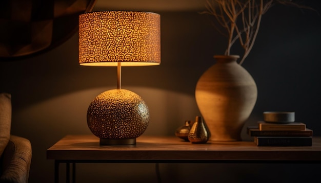 A lamp with a gold shade that says'embossed on it '