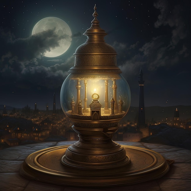 A lamp with a large dome and a moon in the background.