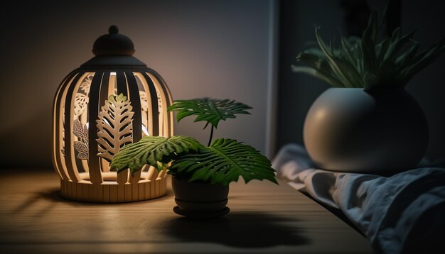 A lamp with a leafy plant in the corner