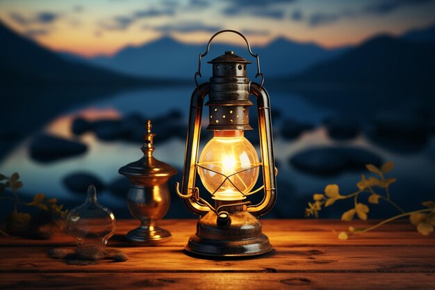 写真 lamp with light bulb and city background 3d rendering