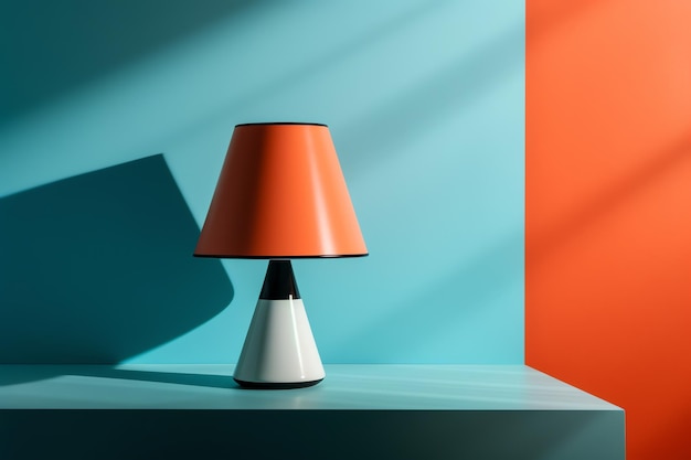 A lamp with orange and white shade sits on a blue table next to a orange wall.