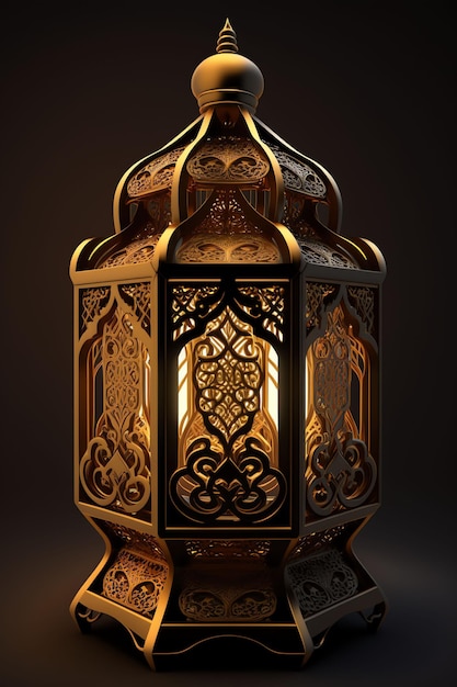 A lamp with a pattern on it is lit up on a dark background