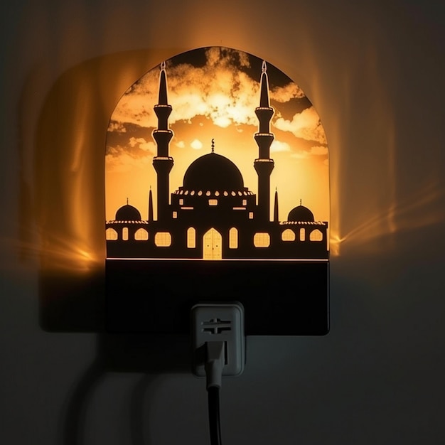 A lamp with a picture of a mosque on it