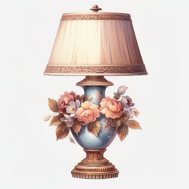 A lamp with a pink shade and a gold trim.