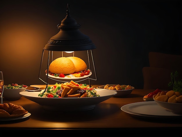 라마단 이프타르 음식을 은 램프 어두운 빛 흐릿 Ai 생성