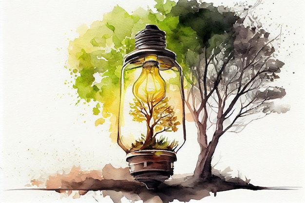 Lamp With Tree Ecology Energy Development Concept Generative Ai