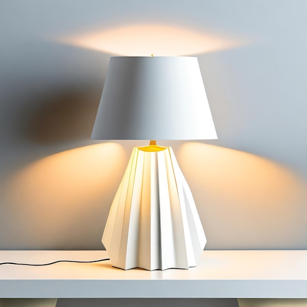 A lamp with a white lamp shade that has a yellow paper shade