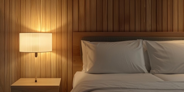 lamp on a wooden bedside table in the bedroom Generative AI