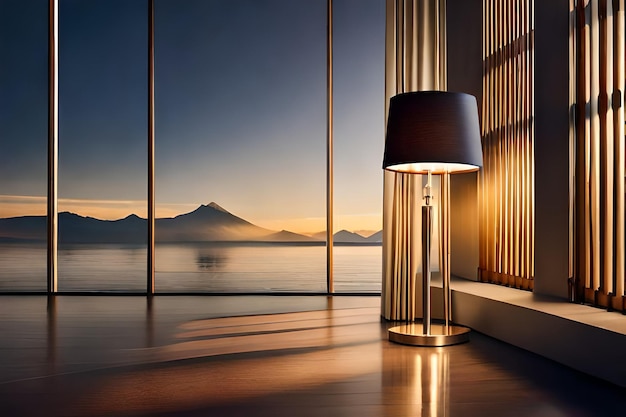 a lamp on a wooden floor with a mountain in the background