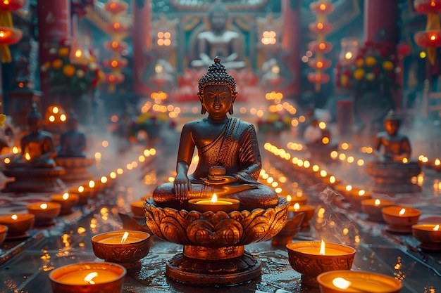 Lampen en kaarsen voor Boeddhastatuen in een boeddhistische tempel op de feestdag Vesak ter ere van de geboorte, verlichting en dood van Boeddha