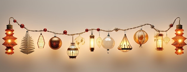 Lampen en slingers met kerstthema met knusse kerstverlichting Kerstornament met glimmend speelgoed Gegenereerde AI
