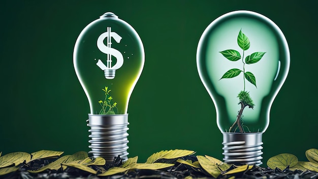 Lampen met een groeiende spruit binnenin en een valuta-symbool binnenin AI Investeer in groene energie